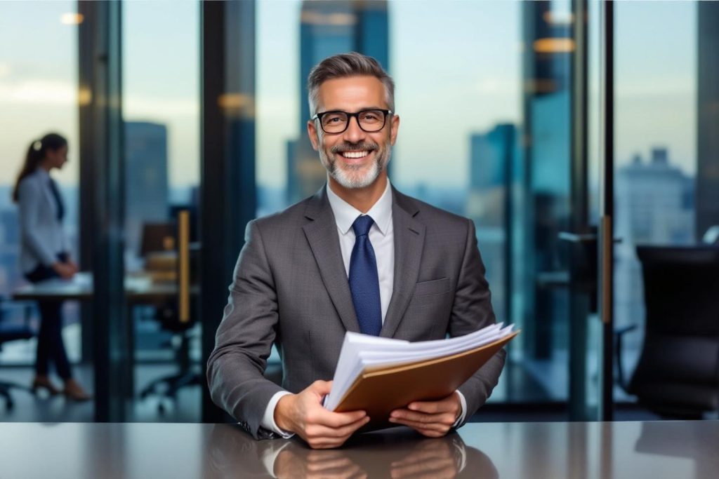 Homme d'affaires avec des documents dans un environnement moderne