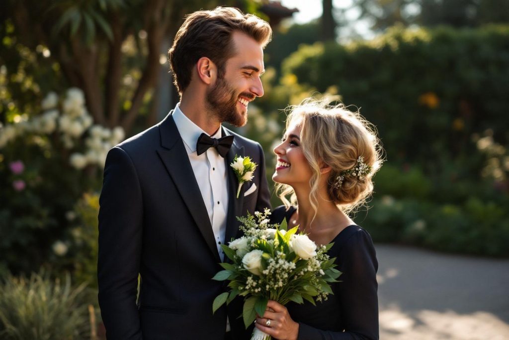 Mariés élégants, amoureux, bouquet, jardin verdoyant