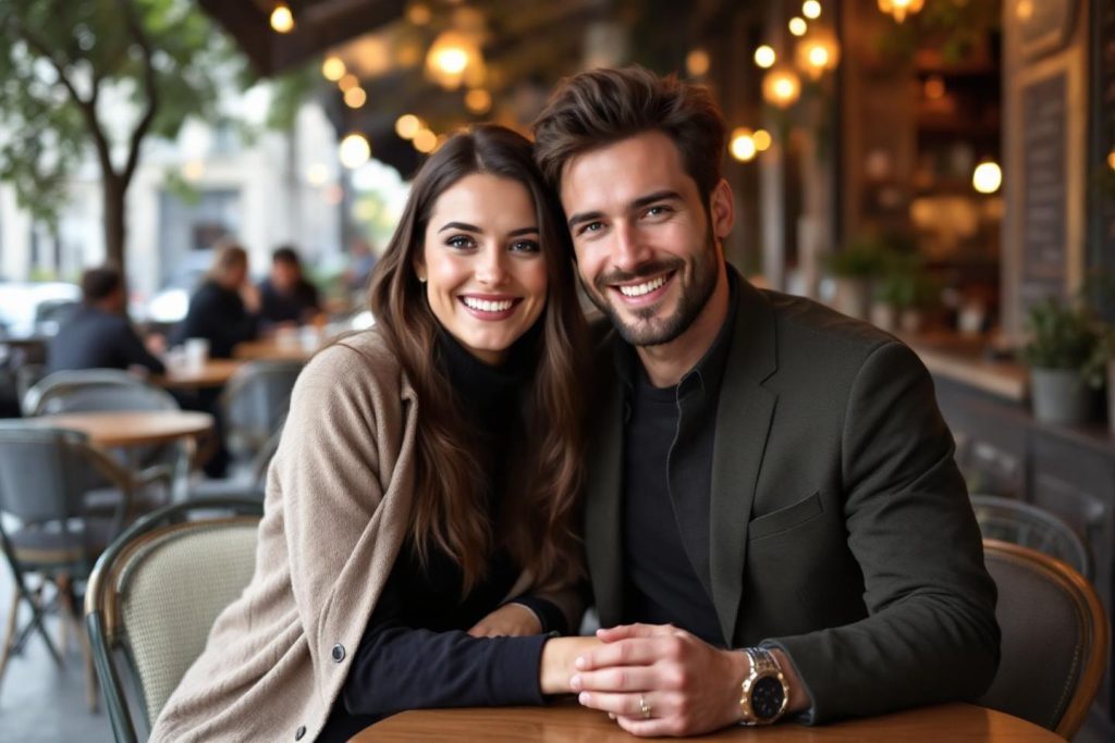Deux personnes heureuses attablées dans un café chaleureux