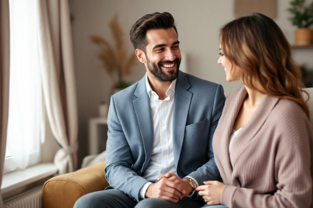 Homme et femme souriants discutant ensemble sur un canapé