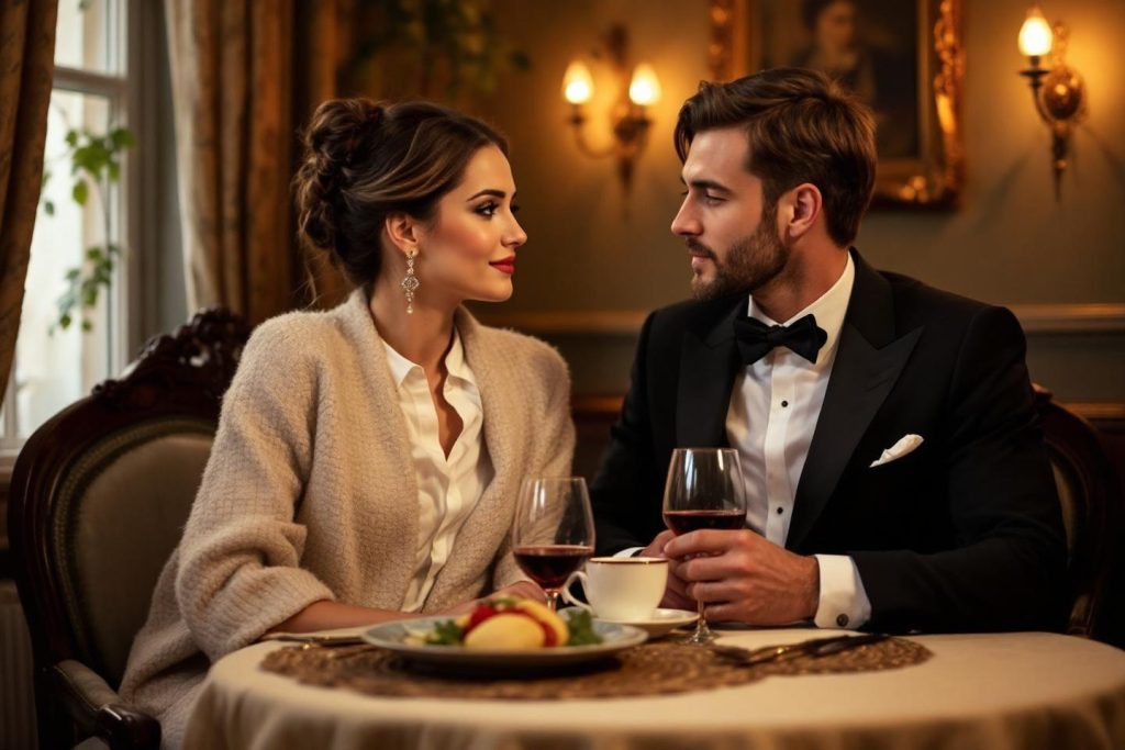 Couple chic attablé, verres de vin, ambiance feutrée