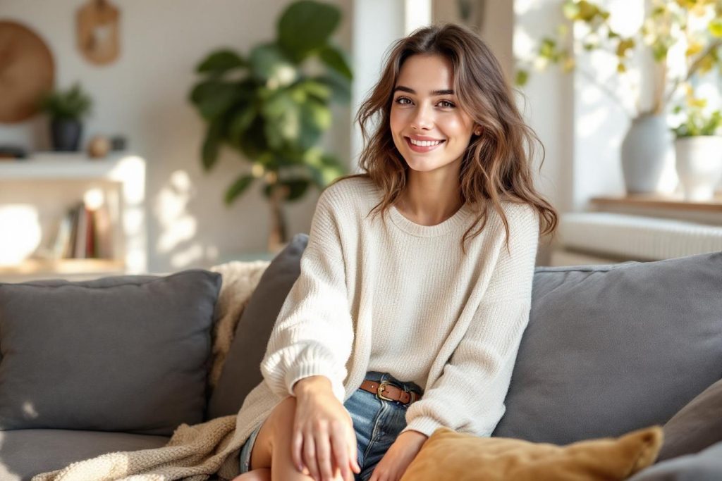Jeune femme souriante confortablement assise dans un salon lumineux