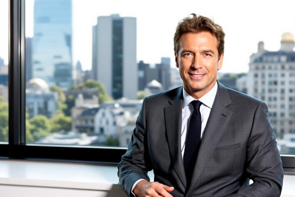 Homme d'affaires en costume gris posant avec vue urbaine