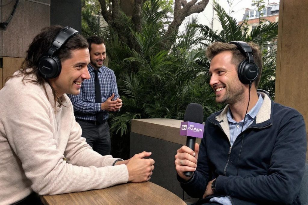 Trois hommes en discussion autour d'un microphone