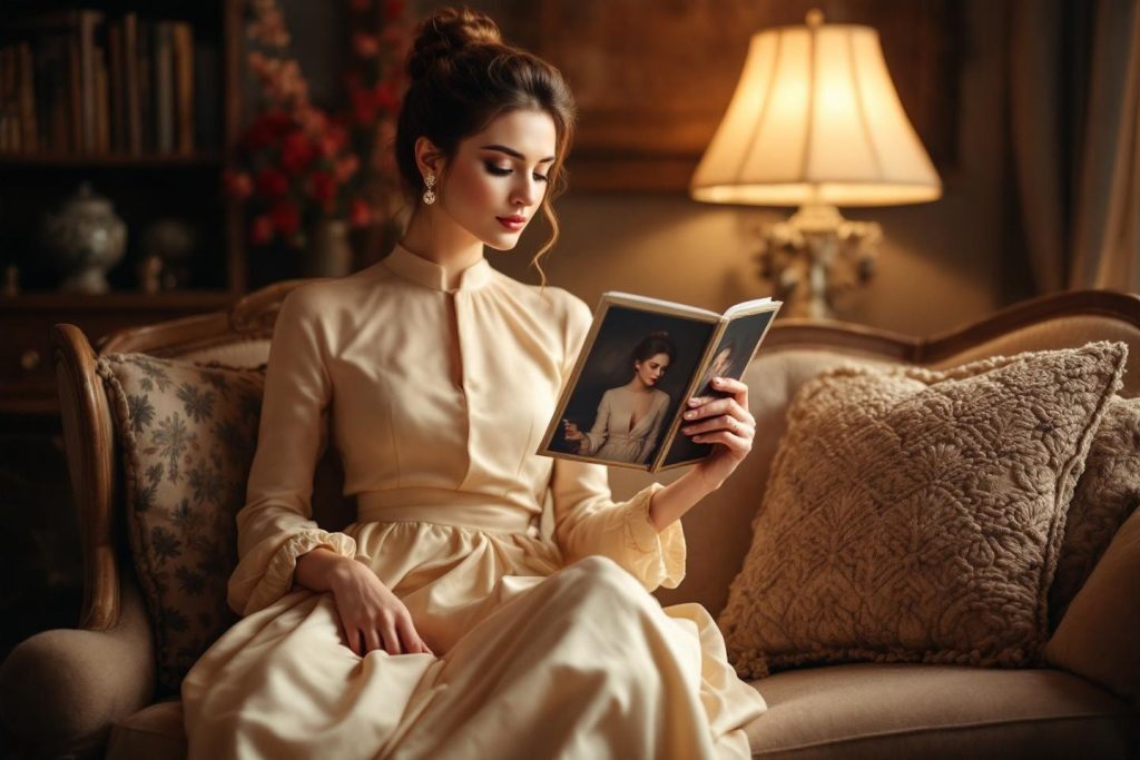 Femme en robe claire lisant un livre près d'une lampe