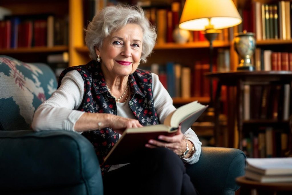 Femme âgée souriante lisant un livre dans un décor chaleureux
