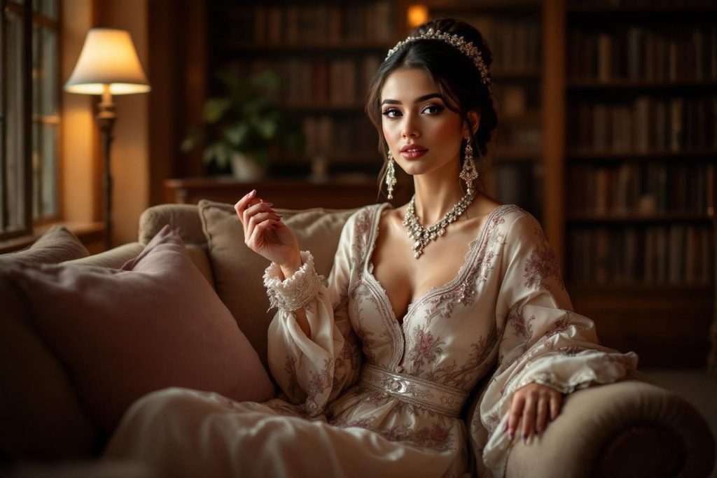 Femme en robe blanche assise, bijoux et couronne, environnement raffiné