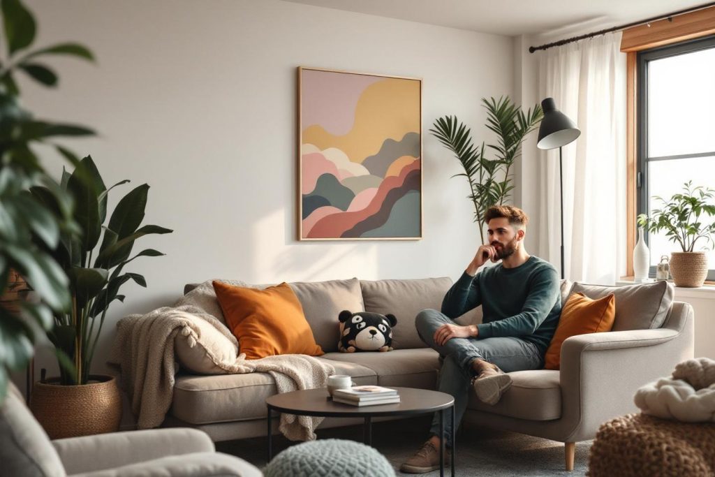 Homme assis sur un canapé dans un salon chaleureux et moderne