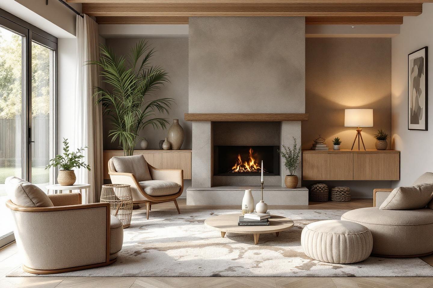 Intérieur lumineux avec mobilier neutre et cheminée allumée