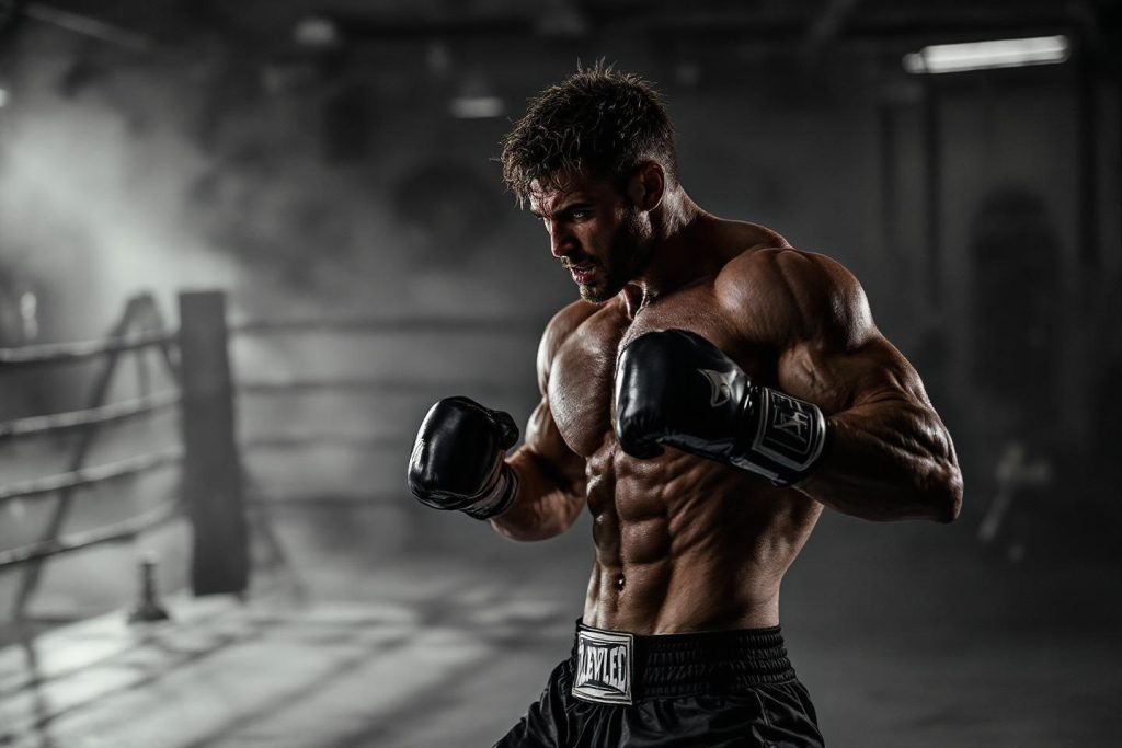 Athlète puissant avec des gants de boxe dans un gymnase sombre
