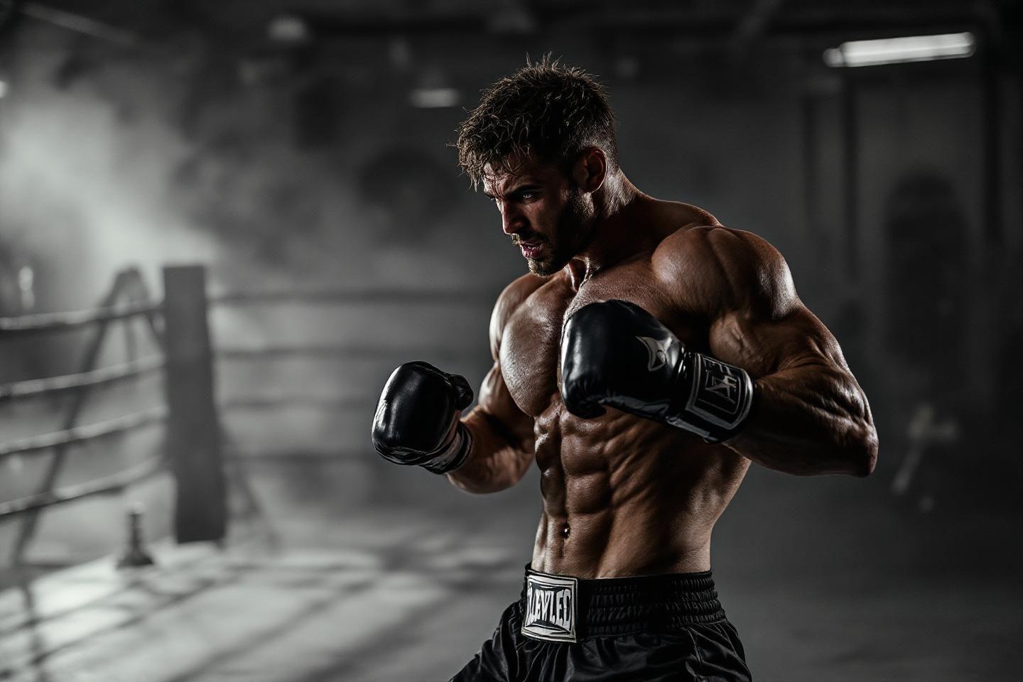 Athlète puissant avec des gants de boxe dans un gymnase sombre