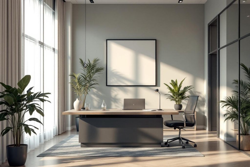 Espace de travail lumineux avec bureau en bois et végétation