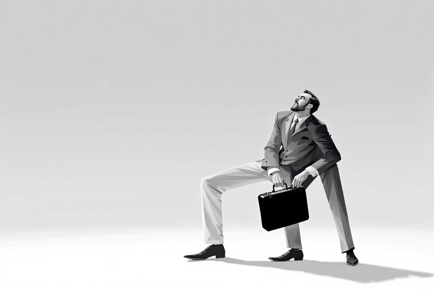 Homme d'affaires en costume luttant avec une valise lourde