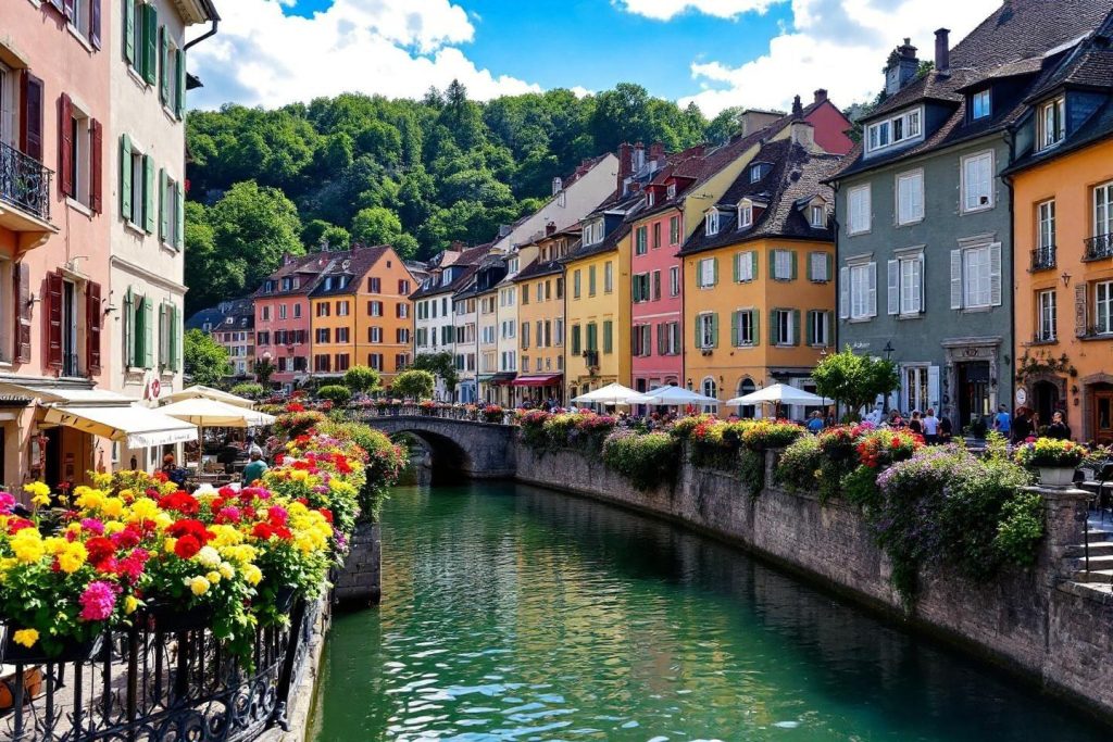 Rivière entre maisons colorées avec fleurs et verdure