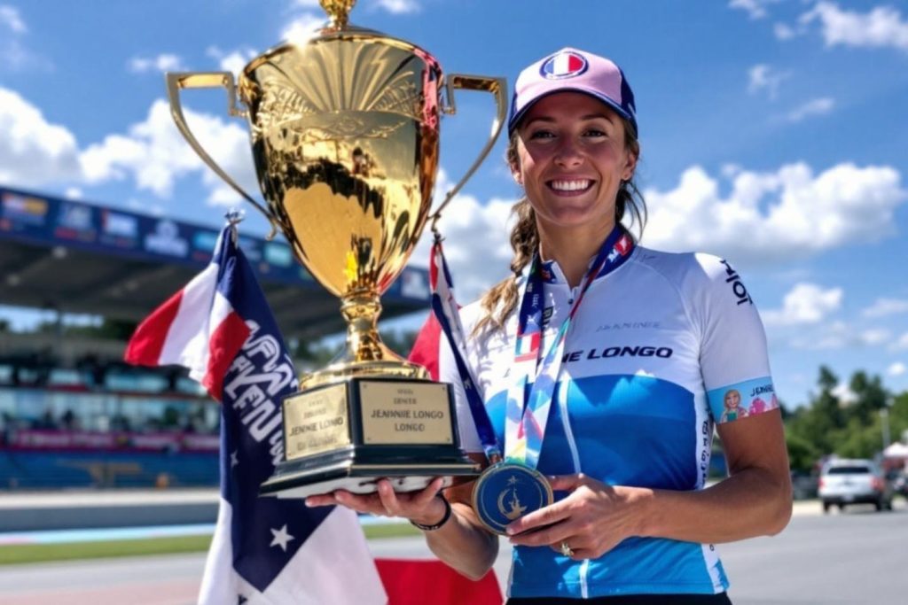Cycliste souriante tenant un grand trophée doré