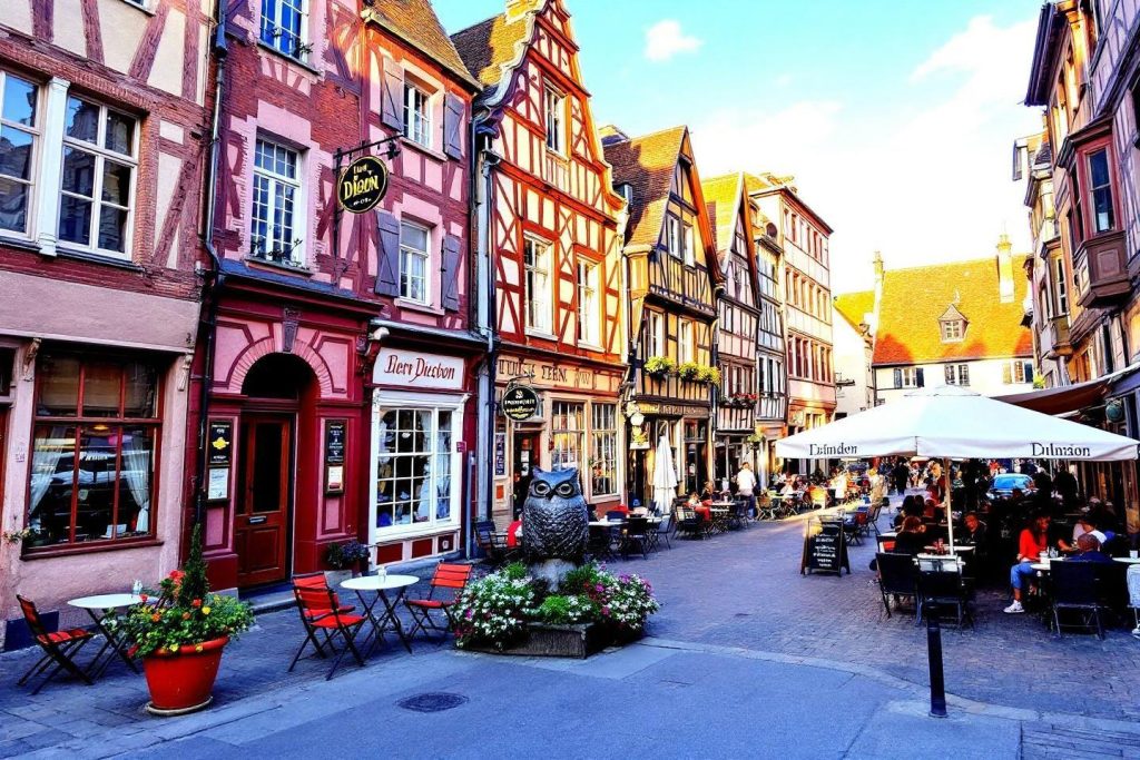 Maisons à colombages colorées avec terrasses de café et fleurs