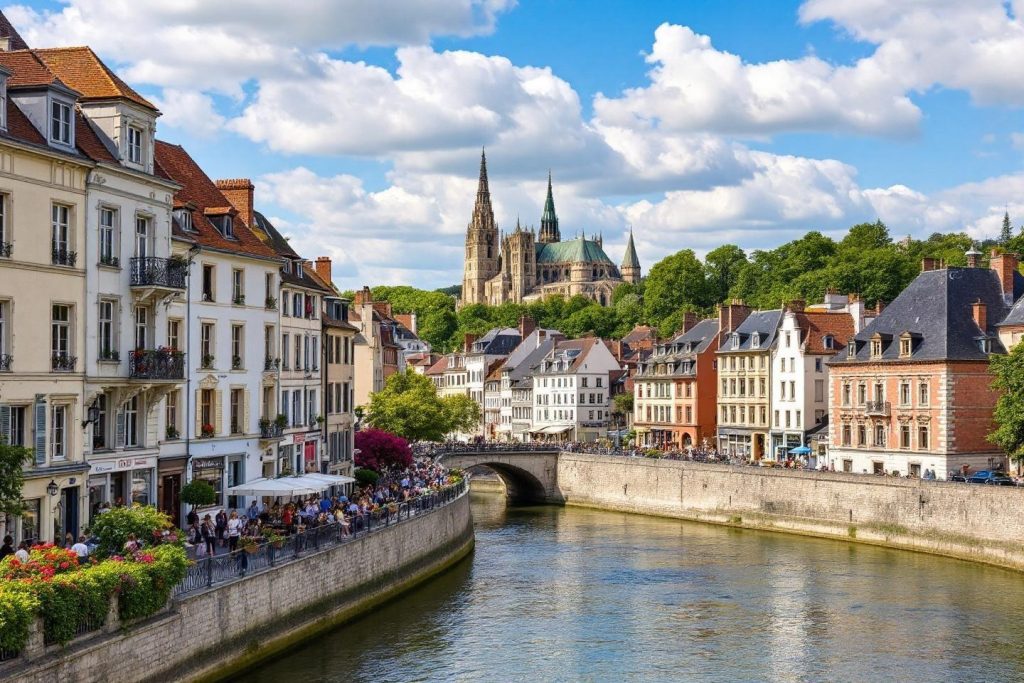 Vue panoramique de Chartres avec sa cathédrale et rivière