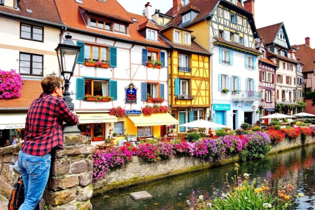 Maisons colorées traditionnelles au bord d'un canal fleuri