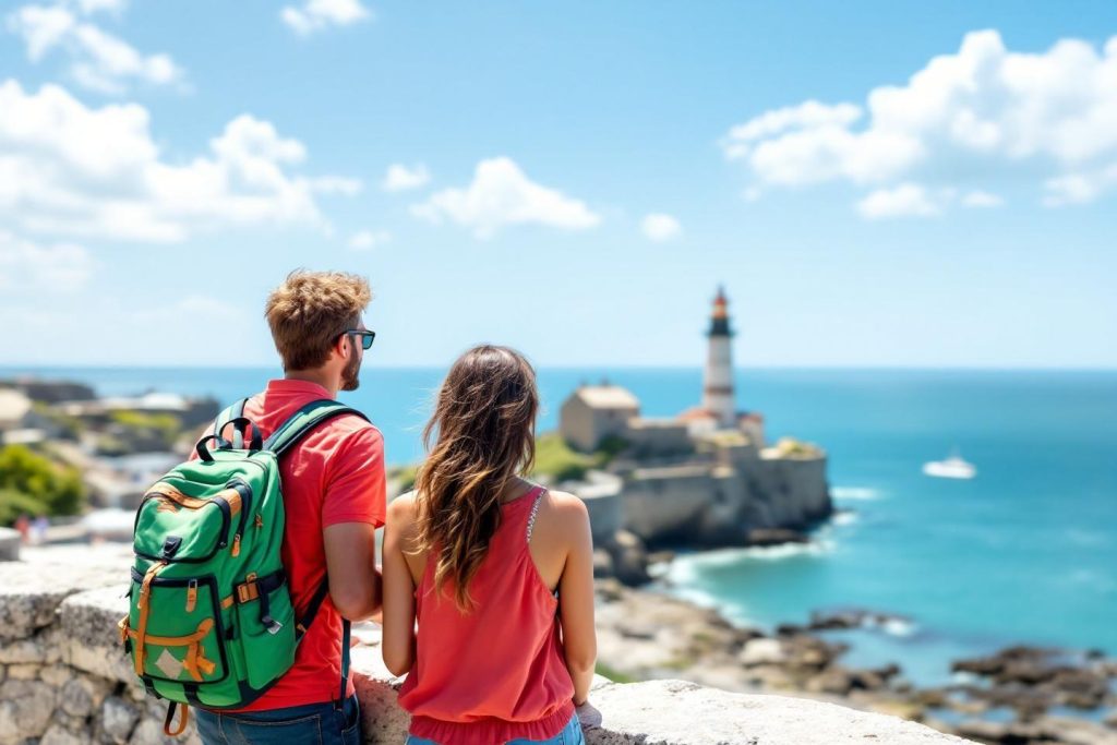 Vue dos d'un couple regardant un phare en bord de mer