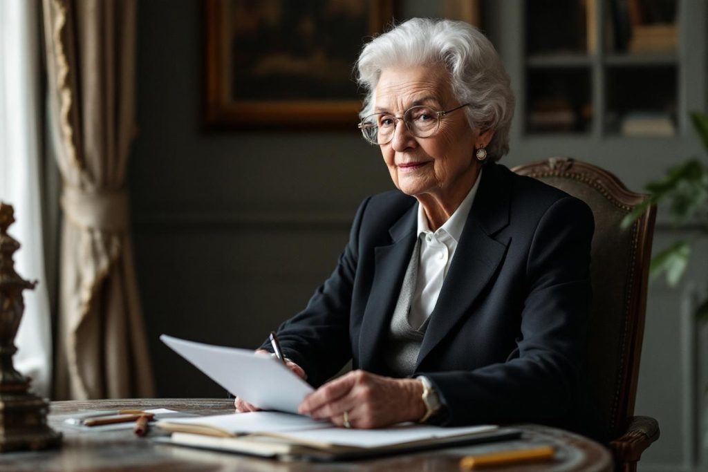 Femme senior élégante écrivant à son bureau