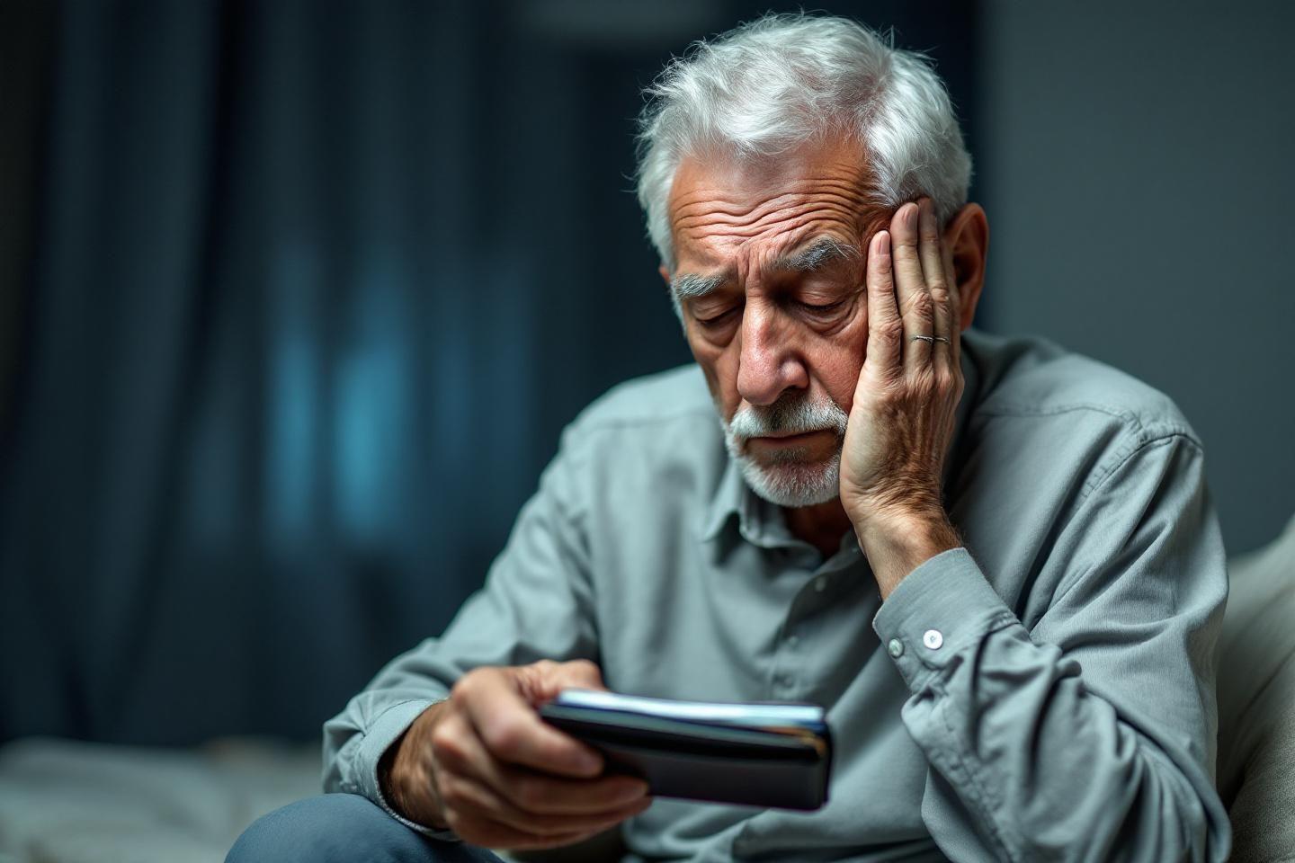 Vieil homme épuisé tenant un smartphone, main sur le visage