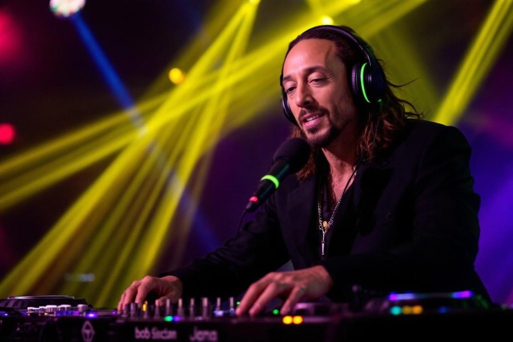Musicien avec casque mixant sur platine sous lumières colorées