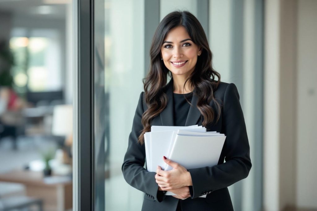 Professionnelle en costume noir tenant des documents