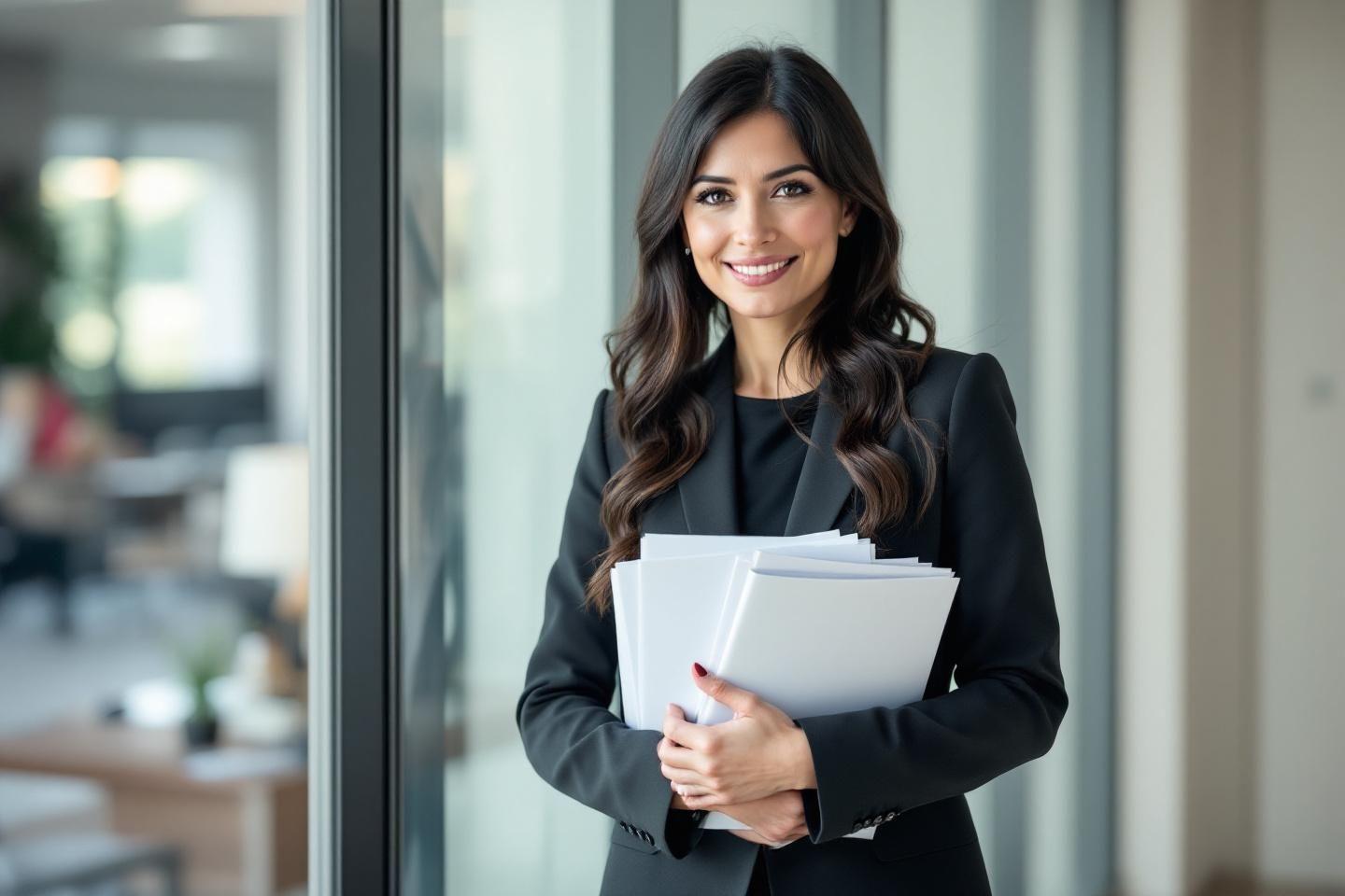 Professionnelle en costume noir tenant des documents