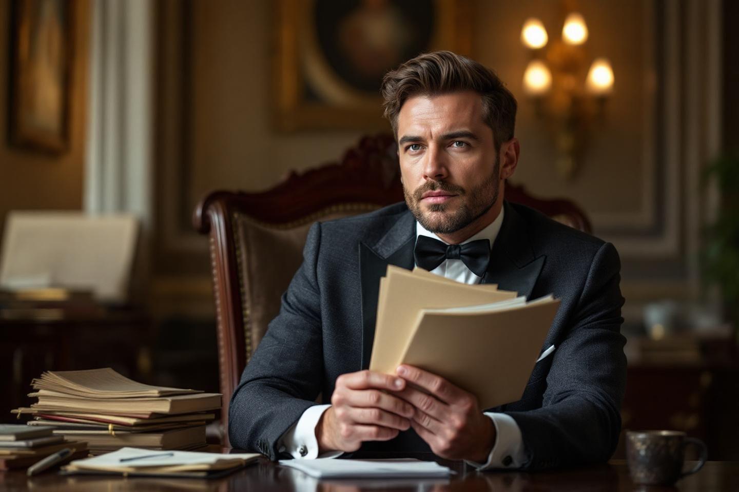 Homme en smoking consultant des documents dans un bureau classique
