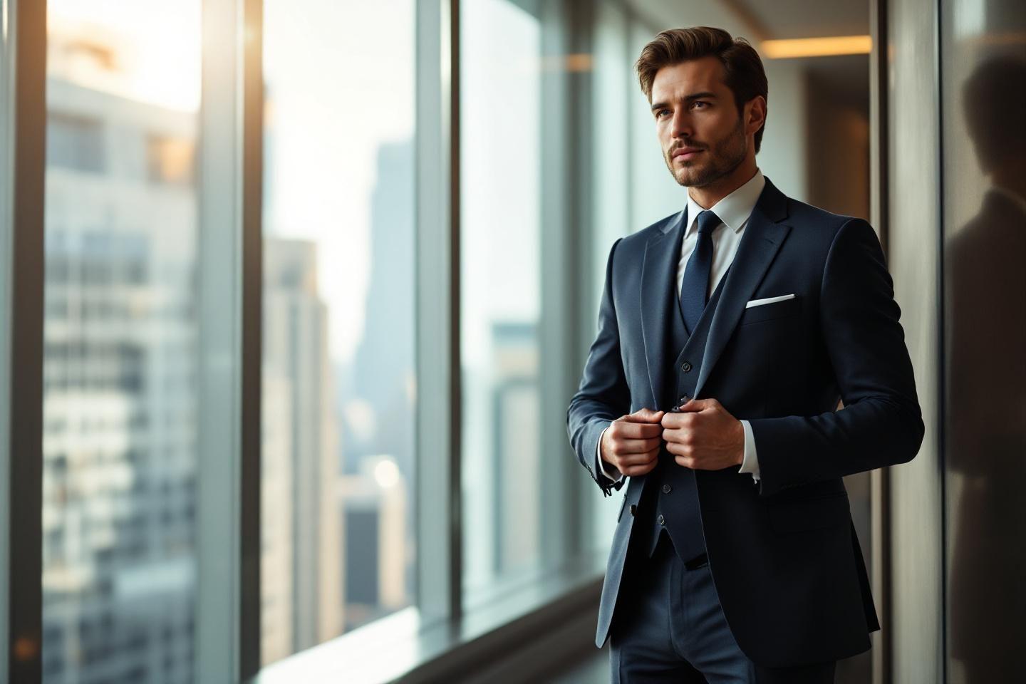 Homme en costume élégant regardant la ville depuis un bureau