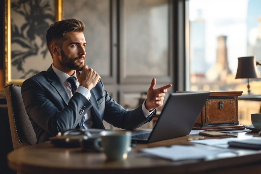Cadre réfléchi devant un ordinateur portable dans un bureau élégant