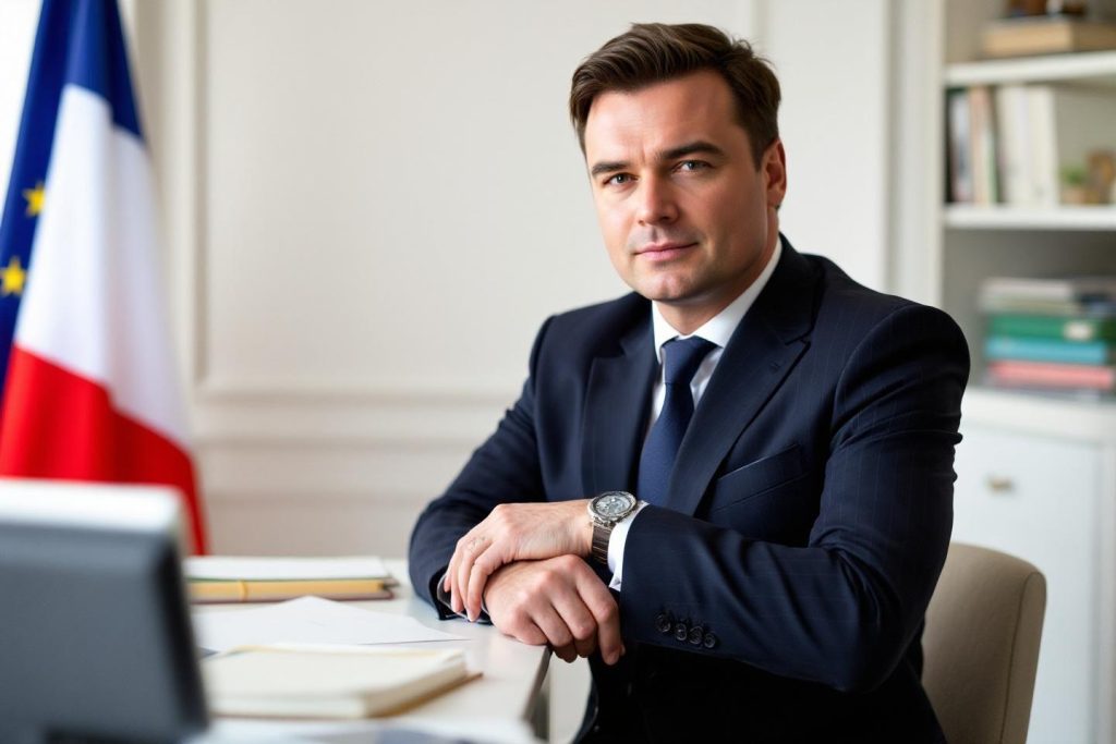 Homme en costume assis dans un bureau officiel, drapeau français