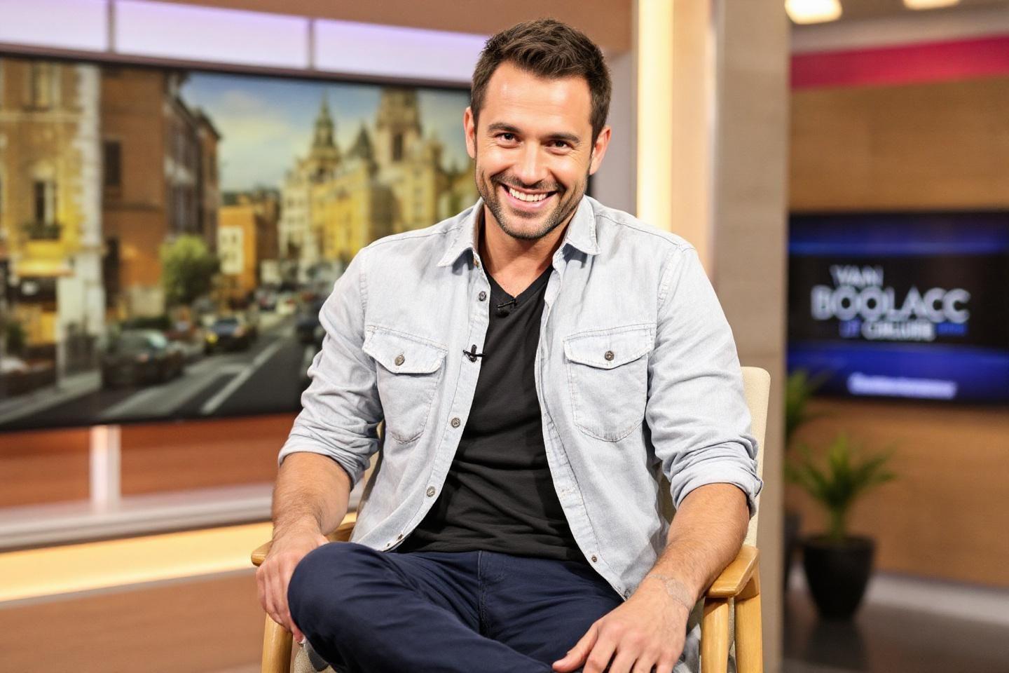 Homme assis sur un plateau de télévision, souriant