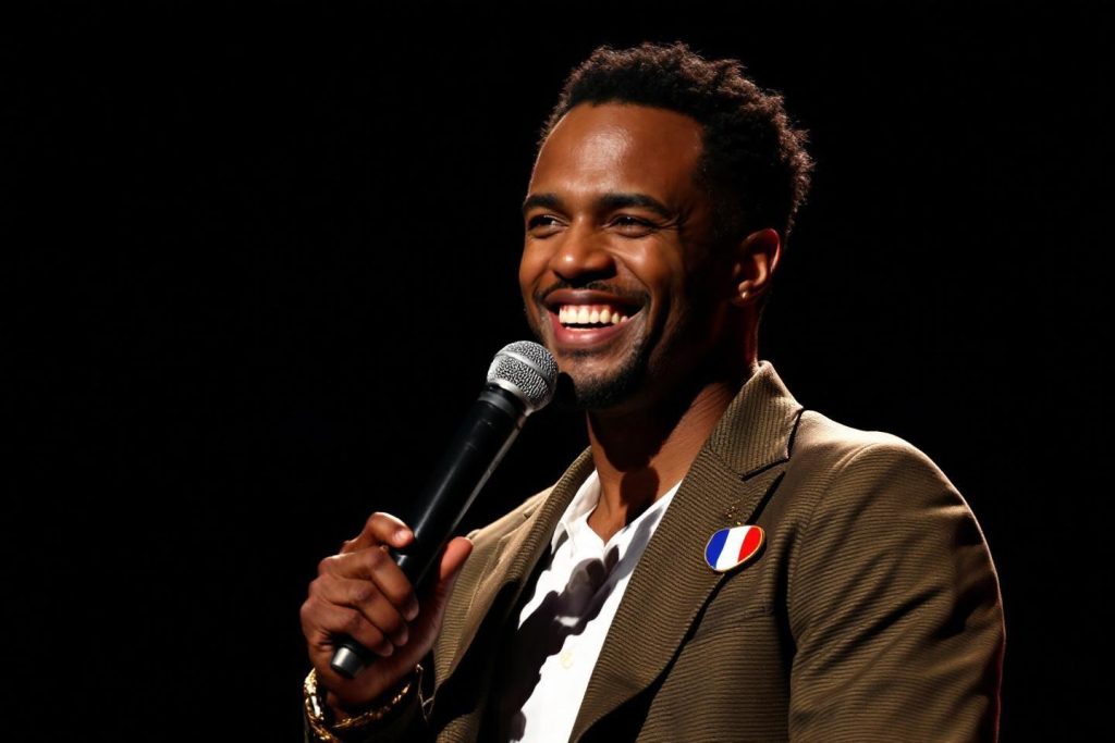 Homme à la veste beige riant avec un micro