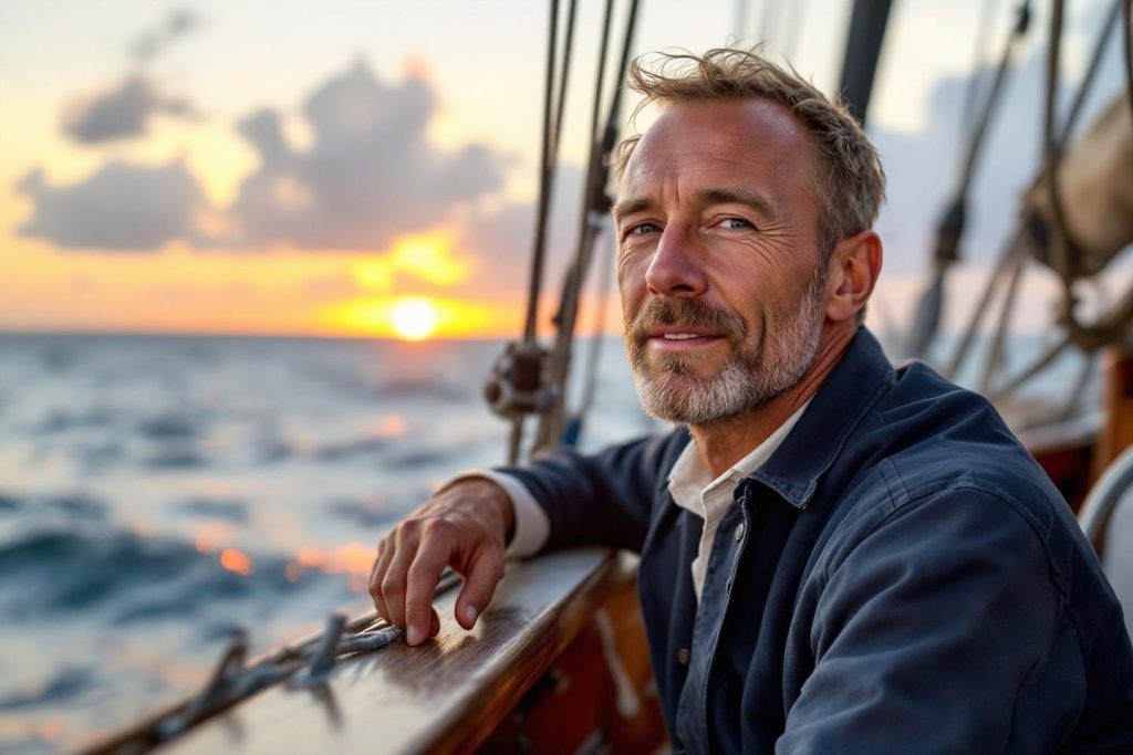 Homme d'âge mûr sur un bateau avec océan et soleil