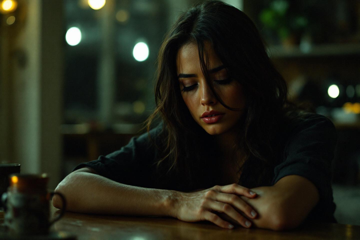 Femme pensive, tête baissée, dans une ambiance sombre et lumineuse