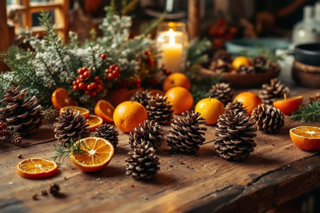 Pommes de pin, oranges et bougies sur table en bois