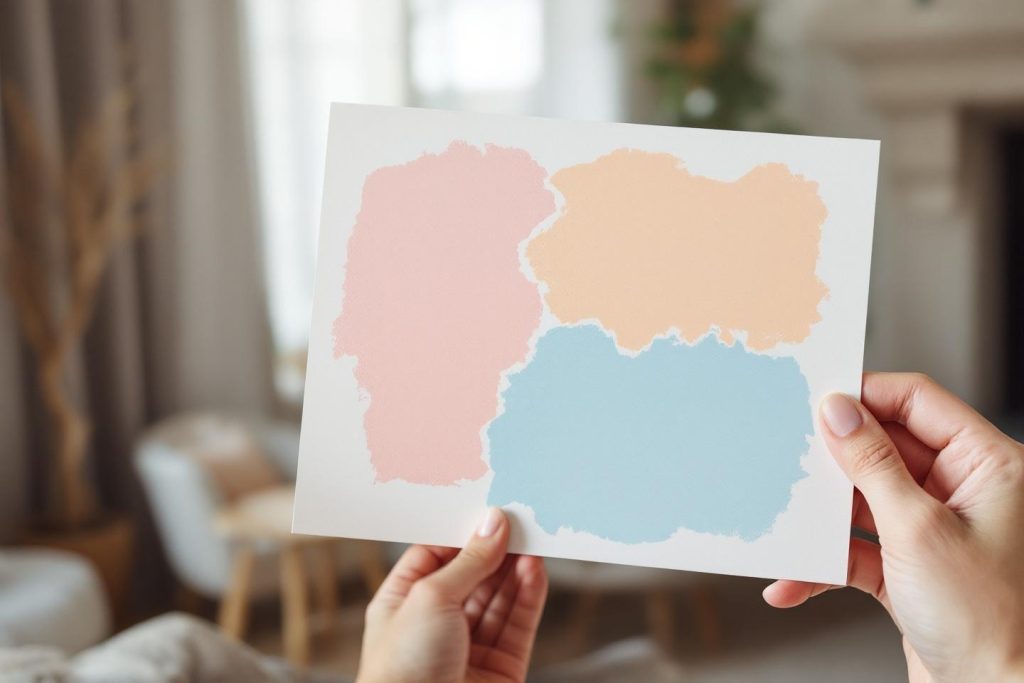 Main tenant une carte avec des blocs de couleurs pastel