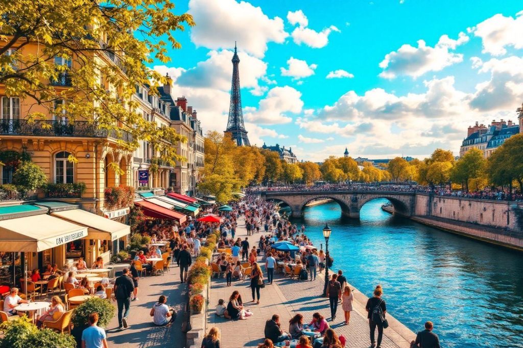 Vue animée de Paris avec la Tour Eiffel et les quais