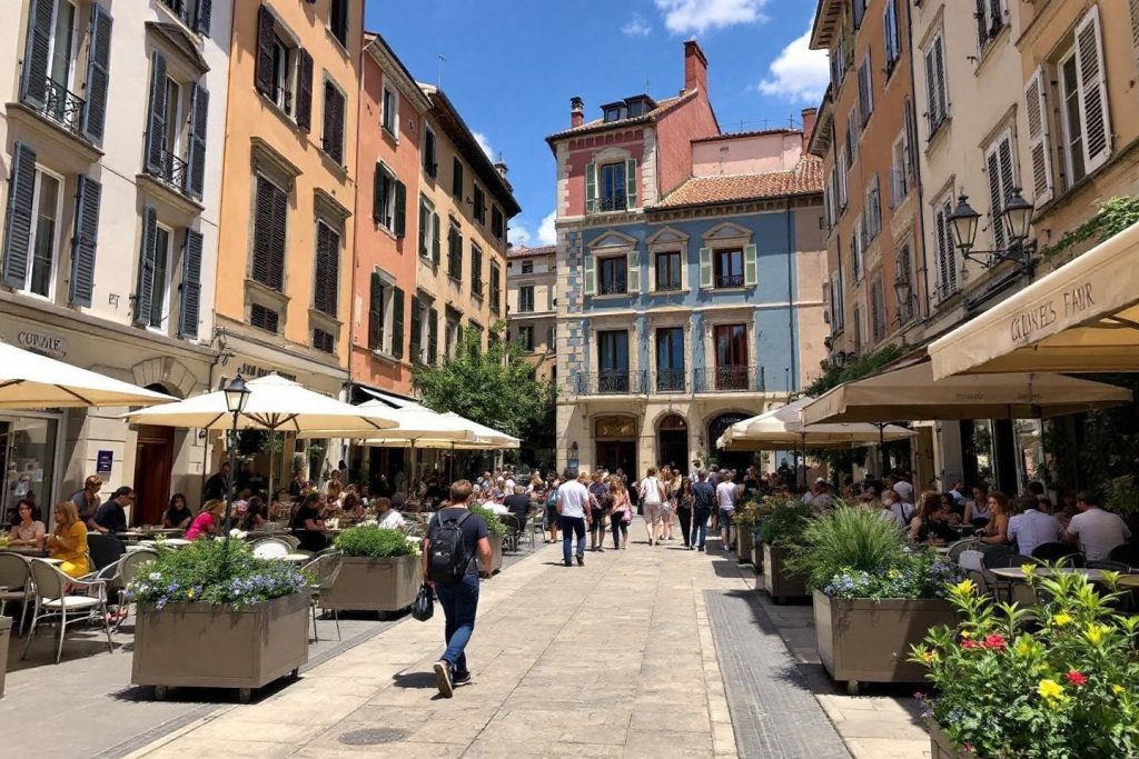 Rue pavée avec terrasses et bâtiments colorés