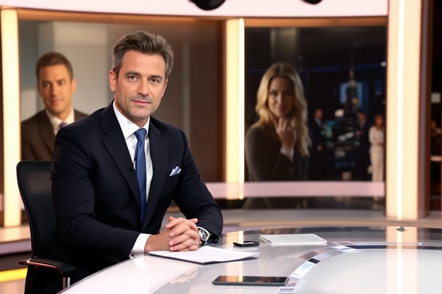 Homme en costume bleu assis à un bureau de télévision