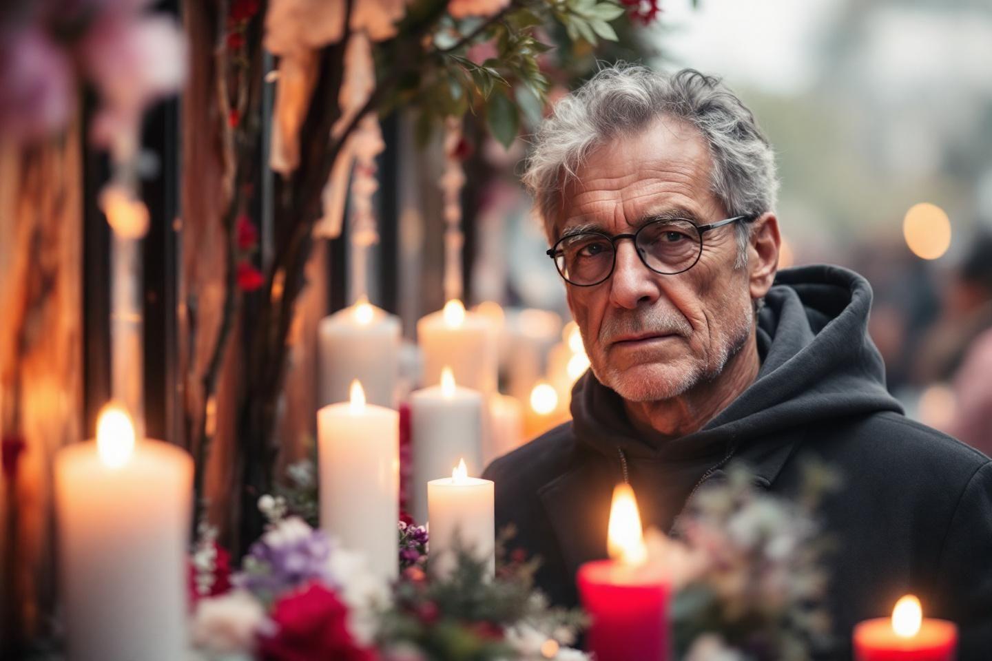 Homme âgé songeur près de bougies allumées