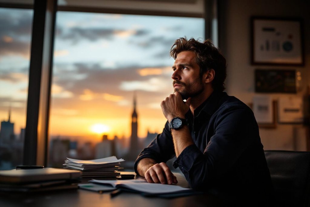 Homme méditatif face à un coucher de soleil sur la ville