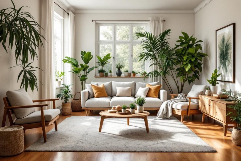 Intérieur lumineux avec canapé gris et plantes vertes