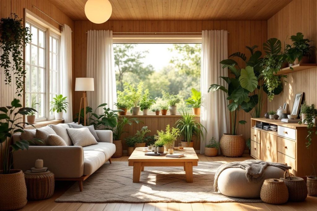 Intérieur cosy avec canapé et nombreuses plantes vertes