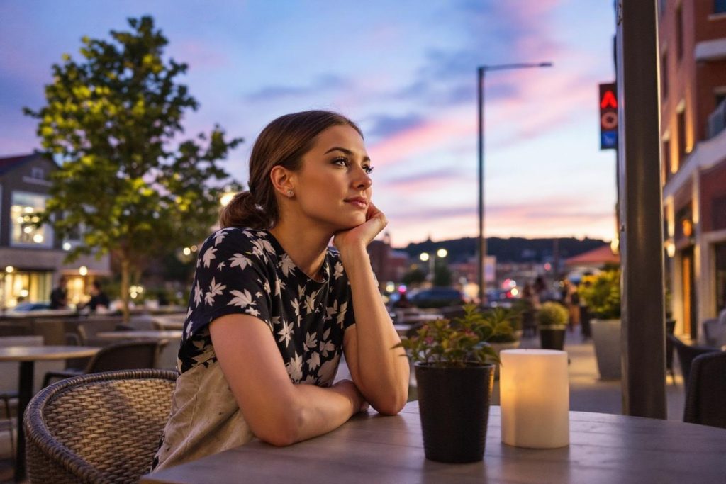 Femme pensive à une table de café au crépuscule