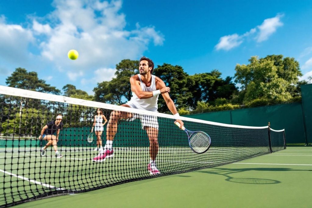 Joueurs de tennis en plein match sur un court ensoleillé
