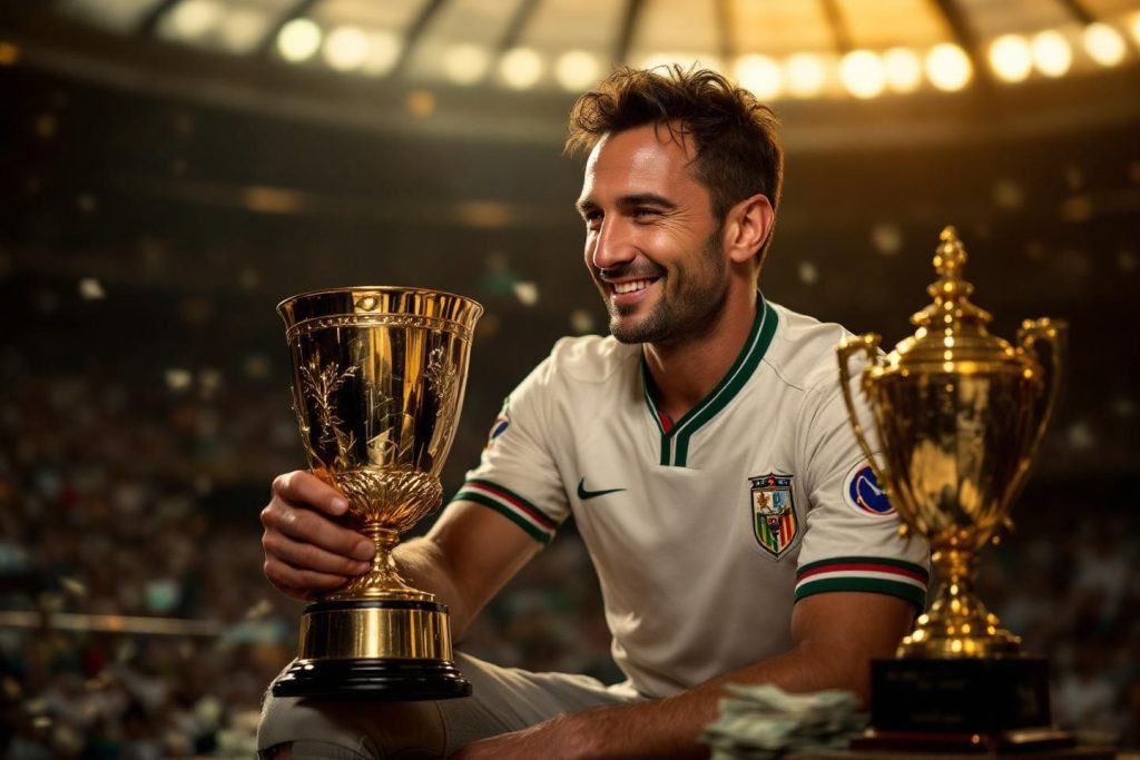 Athlète souriant tenant un trophée doré dans un stade