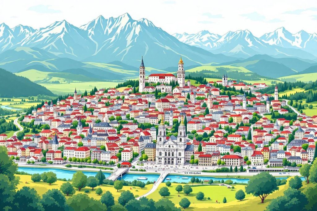 Vue panoramique d'une cité historique entourée de montagnes et rivière