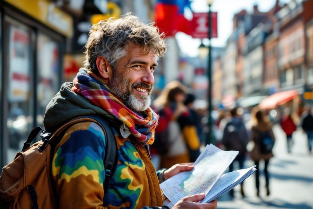 Homme gris barbu avec carte dans rue animée colorée